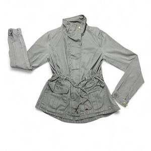 H&M green 100 % cotton utility lightweight jacket pockets adjustable drawstring
